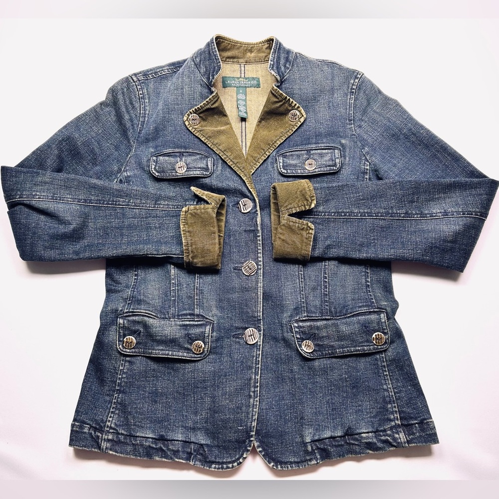 VTG LRL Jacket Med Indigo Denim Olive Green Corduroy Trim